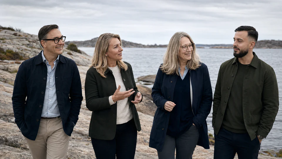 Holistic Leaderships fyra ledartränare i samtal vid havet